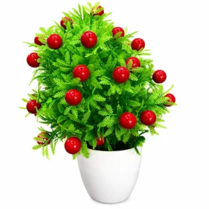 Artificial Fern Plant with Red Berry Fruits & Decorative Pot – Lifelike Faux Green Plant for Home, Office & Table Décor