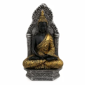 Premium Buddha Statue with Ornate Backrest & Antique Black, Gold & Silver Finish – Elegant Meditation Décor, Made in China