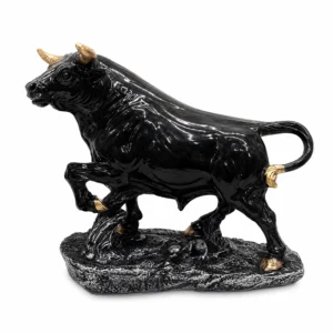 Premium Charging Bull Statue with Glossy Black & Golden Finish – Dynamic Animal Sculpture for Home & Office Décor, Made in China