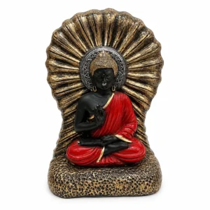 Premium Buddha Statue with Red Robe & Ornate Golden Halo – Elegant Meditation & Spiritual Home Décor Showpiece, Made in China