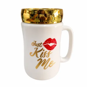 Premium Designer Ceramic Coffee Mug with Golden Finish Lid & Printed Designs – Made in India