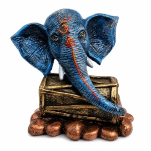 Premium Blue Lord Ganesha Head Idol with Antique Golden Base – Artistic Spiritual Home Décor Showpiece, Made in China